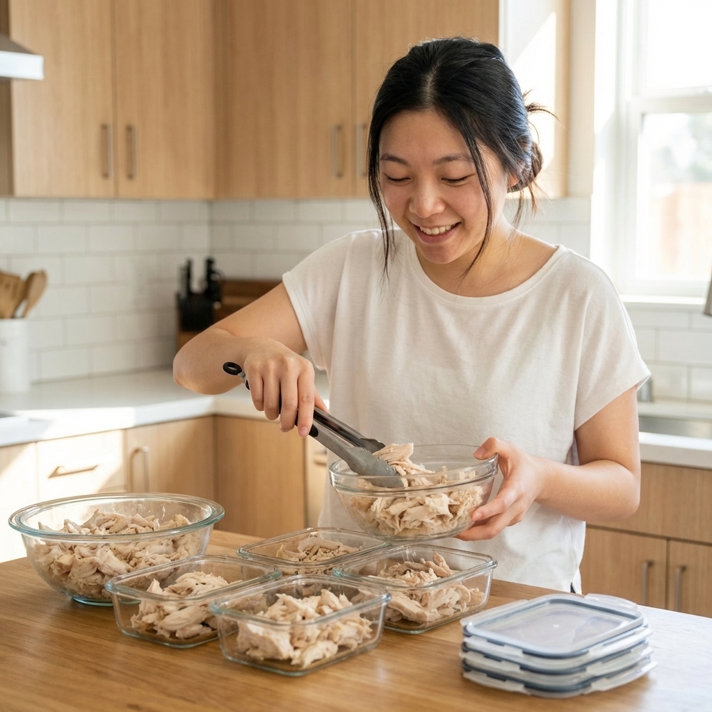 A person portioning plain cooked shredded chicken into small glass containers in a bright kitchen