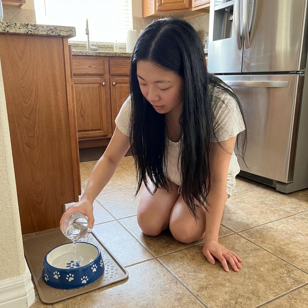 A person pouring fresh water into a ceramic cat bowl on a kitchen floor