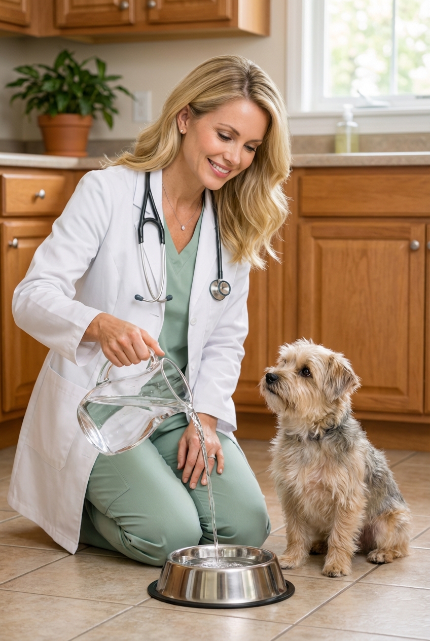 A person pouring fresh water into a dog bowl while a small dog watches