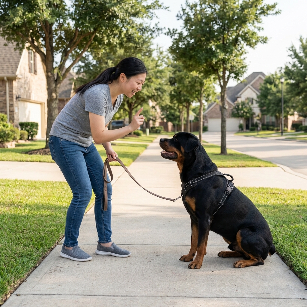 A person practicing leash training with a Rottweiler on a quiet neighborhood sidewalk