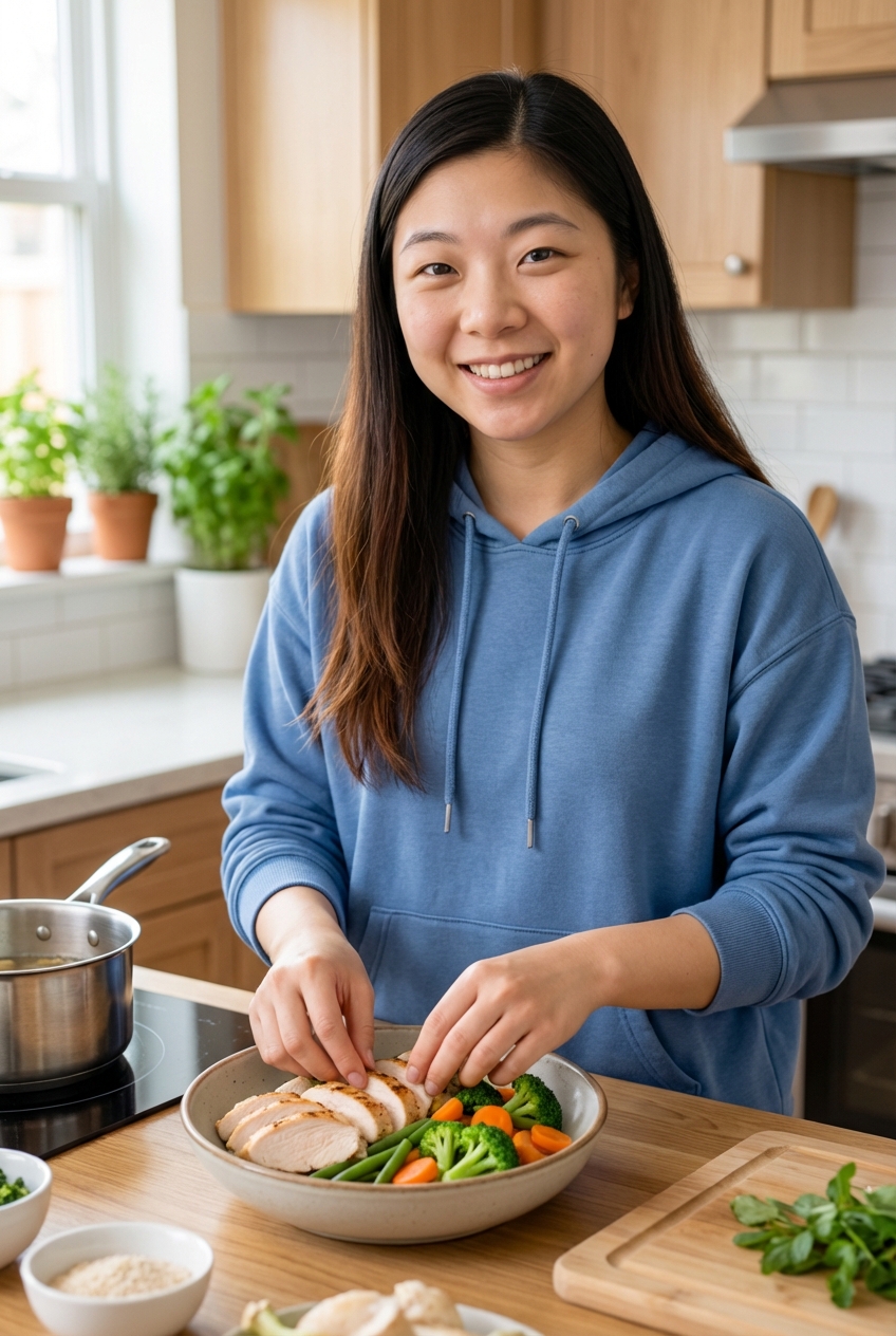 A person preparing a simple bowl of cooked lean chicken and steamed vegetables in a home kitchen