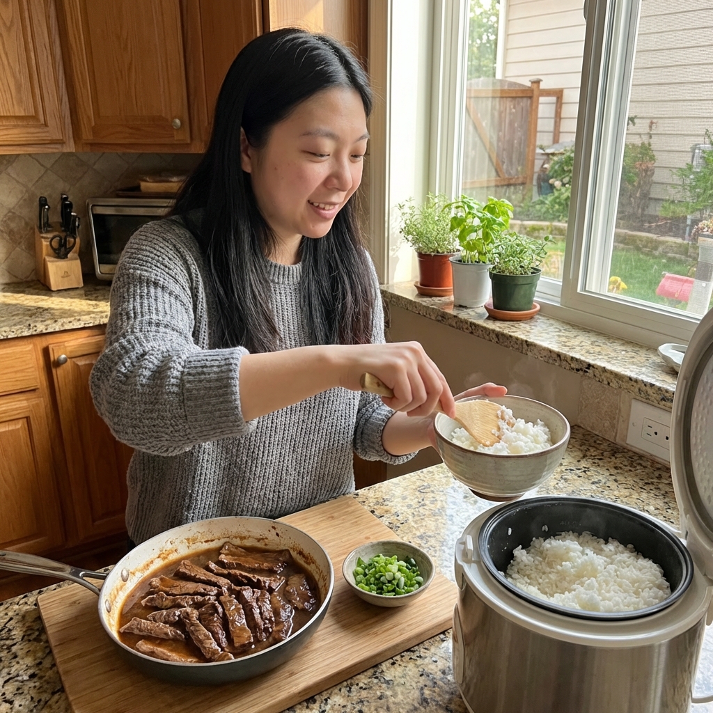 A person preparing a simple bowl of cooked meat and white rice in a home kitchen
