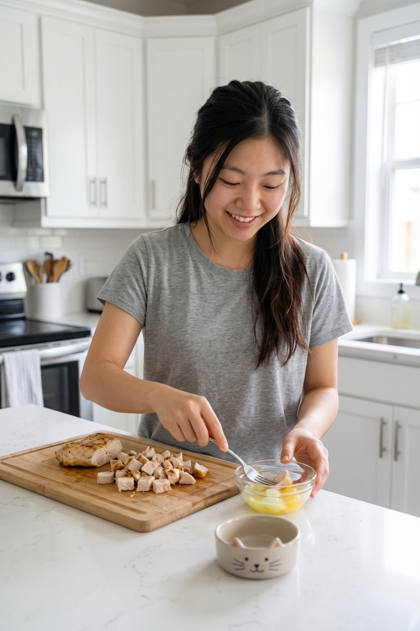 A person preparing a simple cooked cat meal in a clean kitchen with a cutting board, cooked chicken, and a small bowl of egg whites