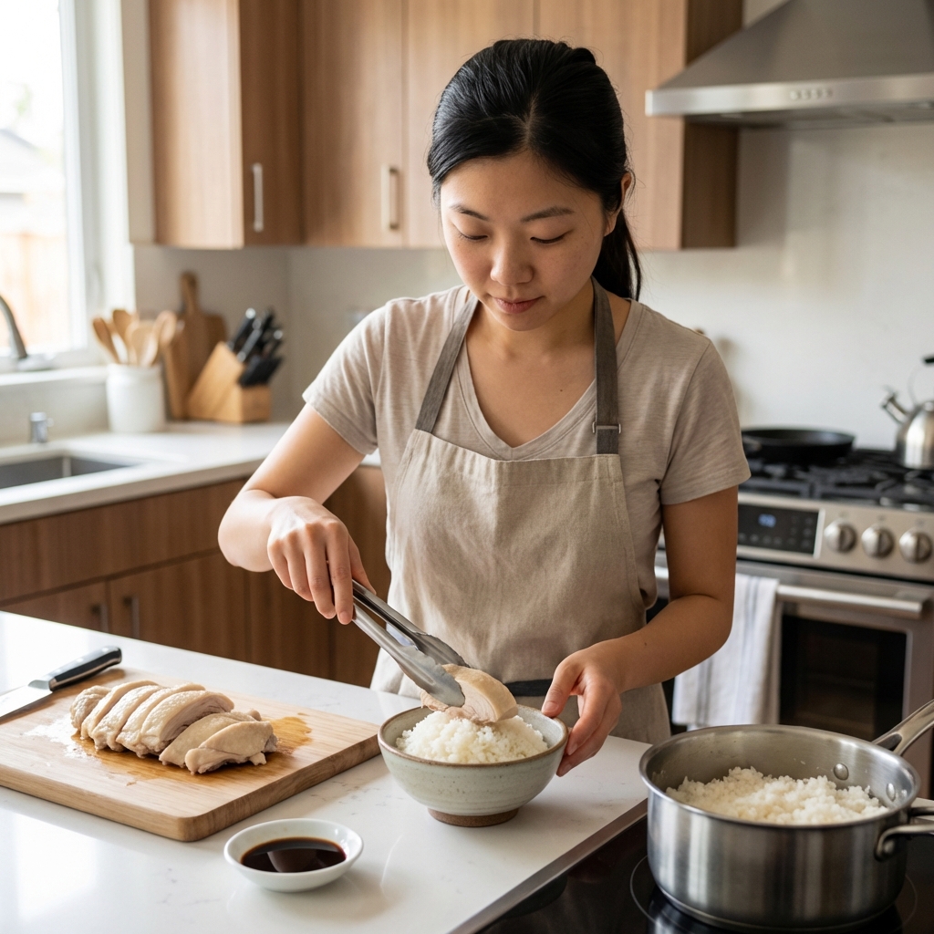A person preparing a small bowl of boiled chicken and white rice on a kitchen counter