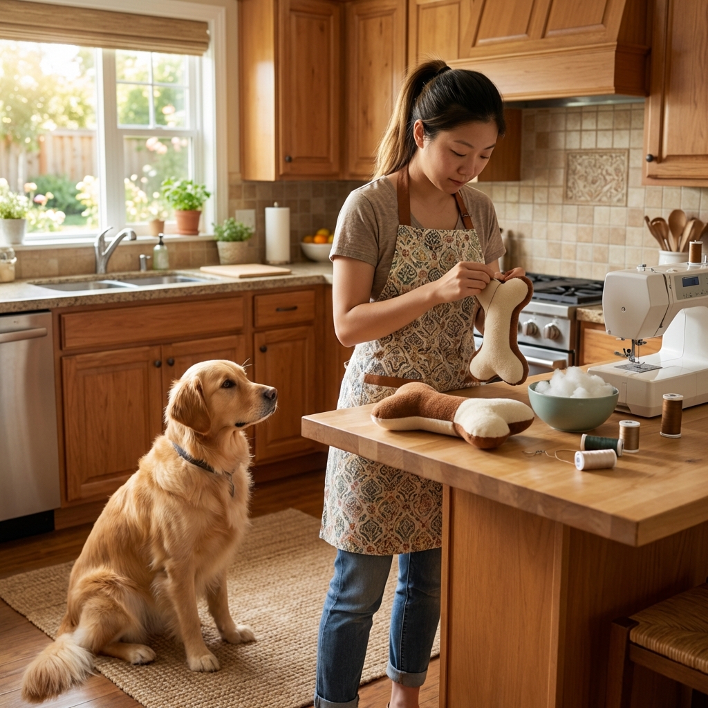 A person preparing a stuffed food toy in a kitchen while a dog waits calmly nearby