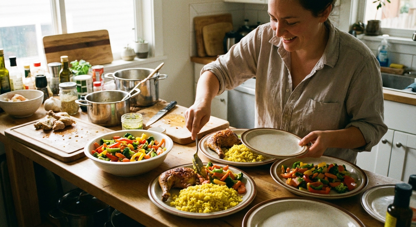 A person preparing cooked chicken, rice, and chopped vegetables on a kitchen counter