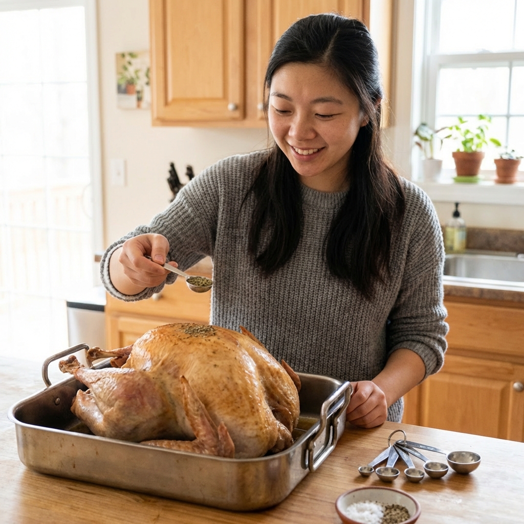 A person preparing plain cooked turkey in a kitchen with measuring spoons on the counter