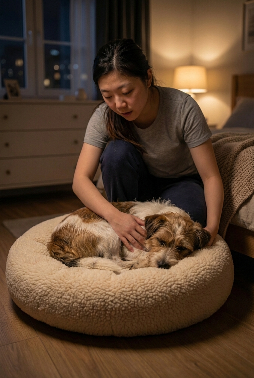 A person quietly counting a sleeping dog’s breaths in a softly lit room