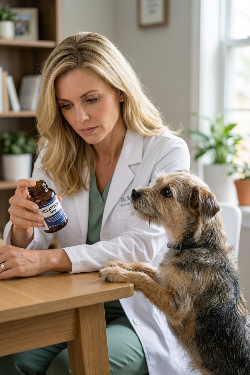 A person reading the ingredient label on a bottle of melatonin tablets next to a curious small dog, realistic indoor photo