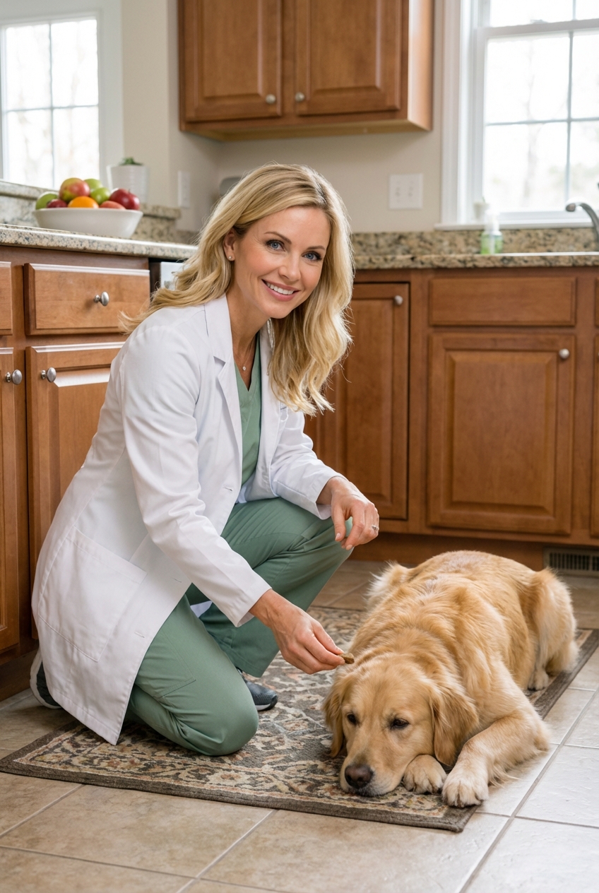 A person rewarding a dog lying calmly on a mat in a kitchen while the dog looks relaxed