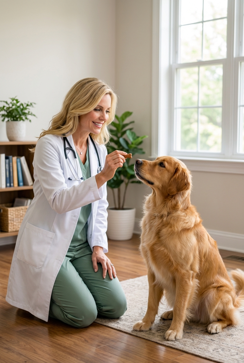 A person rewarding a dog with a small treat while the dog sits calmly indoors