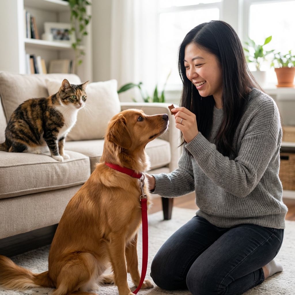 A person rewarding a leashed dog with a small treat while a cat watches from a couch