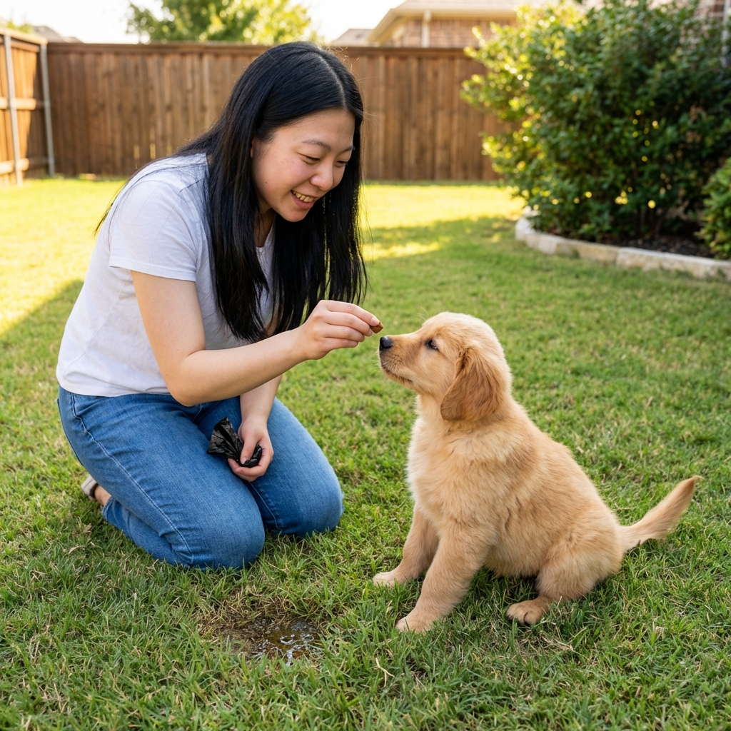 A person rewarding a puppy with a treat outside right after the puppy finishes going potty