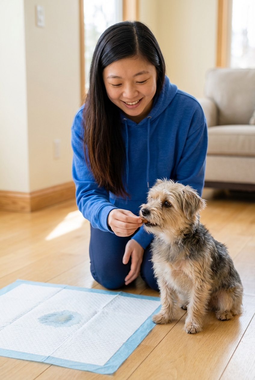 A person rewarding a small dog with a treat next to a pee pad after the dog finishes pottying
