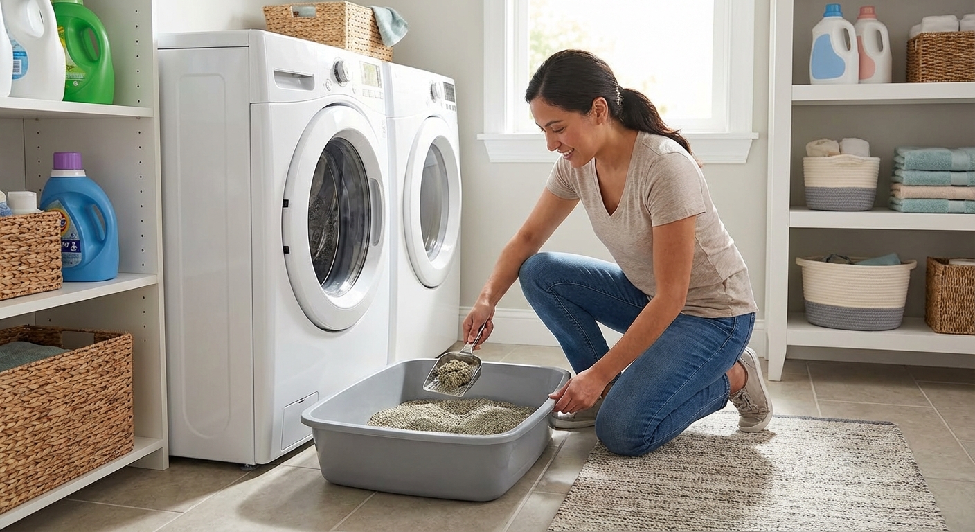 A person scooping a clean litter box in a well-lit laundry room