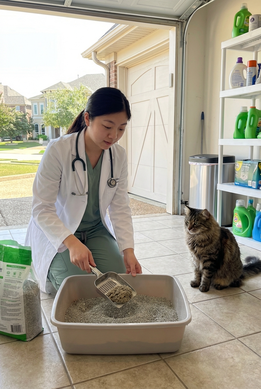 A person scooping a clumping litter box while a cat watches nearby