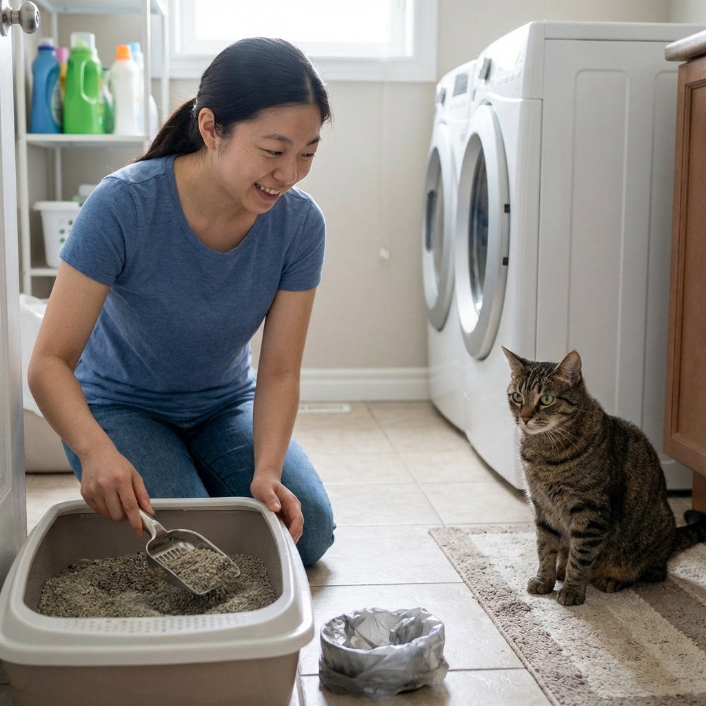 A person scooping a litter box while a cat watches nearby