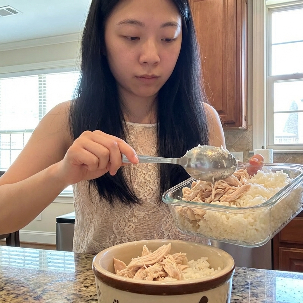 A person scooping plain boiled chicken and white rice into a dog bowl on a countertop