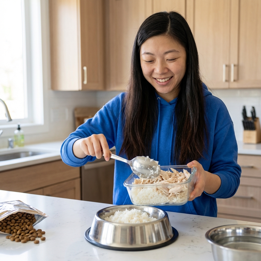 A person scooping plain cooked white rice and shredded boiled chicken into a dog bowl on a countertop