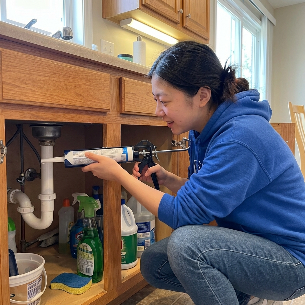 A person sealing a small gap around a pipe under a kitchen sink with caulk