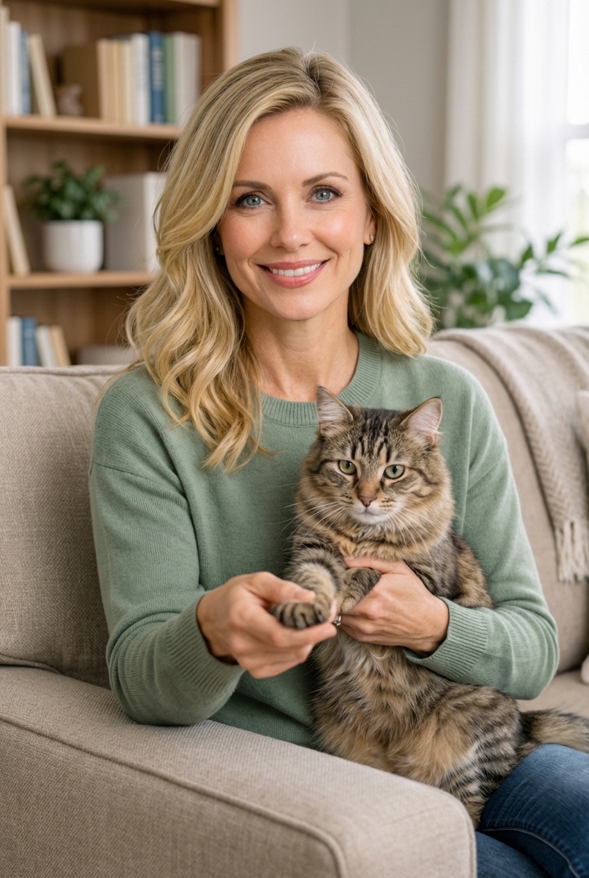 A person seated on a couch holding a cat against their torso while gently extending one paw
