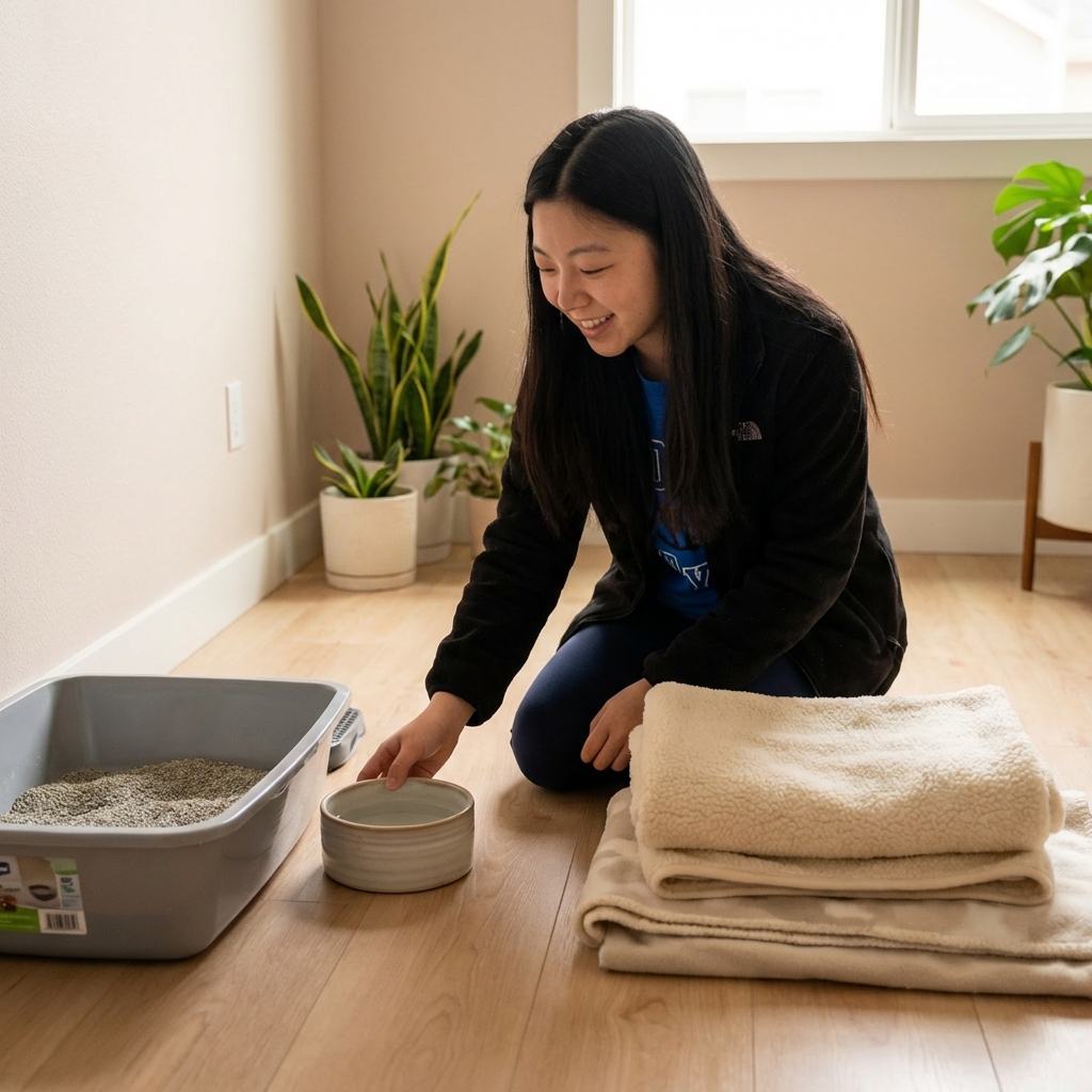 A person setting up a quiet room with a litter box, water bowl, and soft bedding for a cat