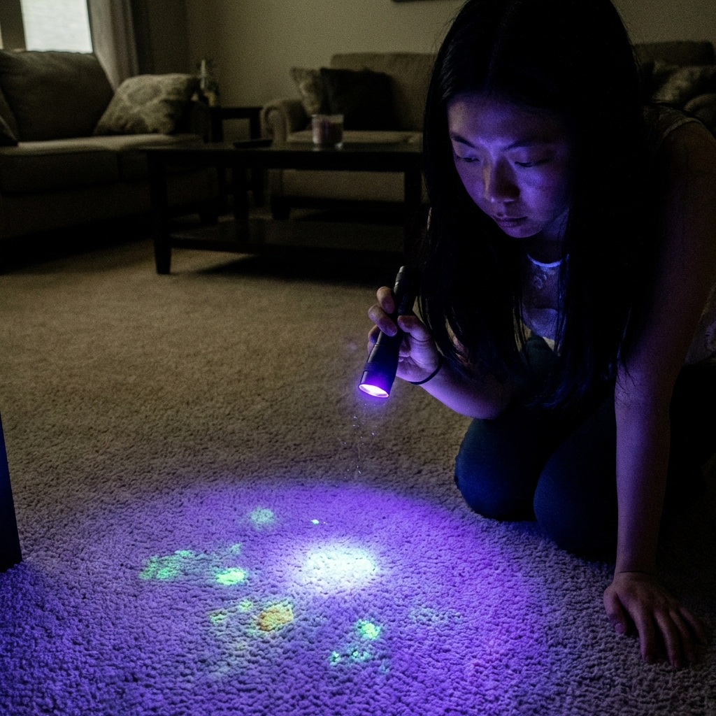 A person shining a small handheld UV flashlight on carpet in a dim room