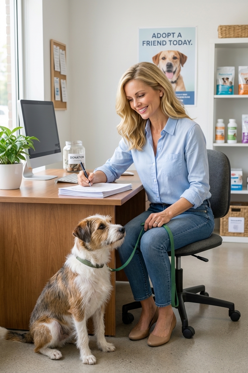 A person signing pet adoption paperwork at a rescue front desk while a leashed mixed-breed dog sits calmly beside them, realistic indoor photo
