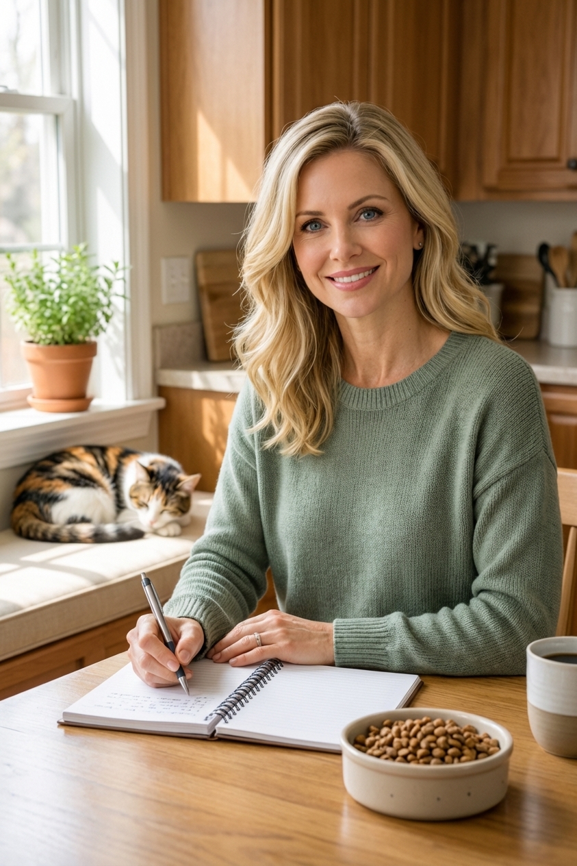 A person sitting at a kitchen table writing in a notebook next to a cat food bowl and a sleeping cat in the background, soft natural light, photorealistic