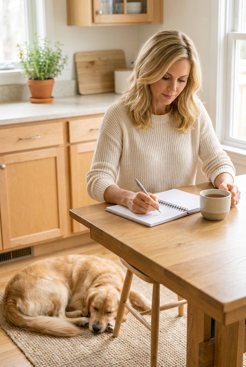 A person sitting at a kitchen table writing notes while their dog rests nearby