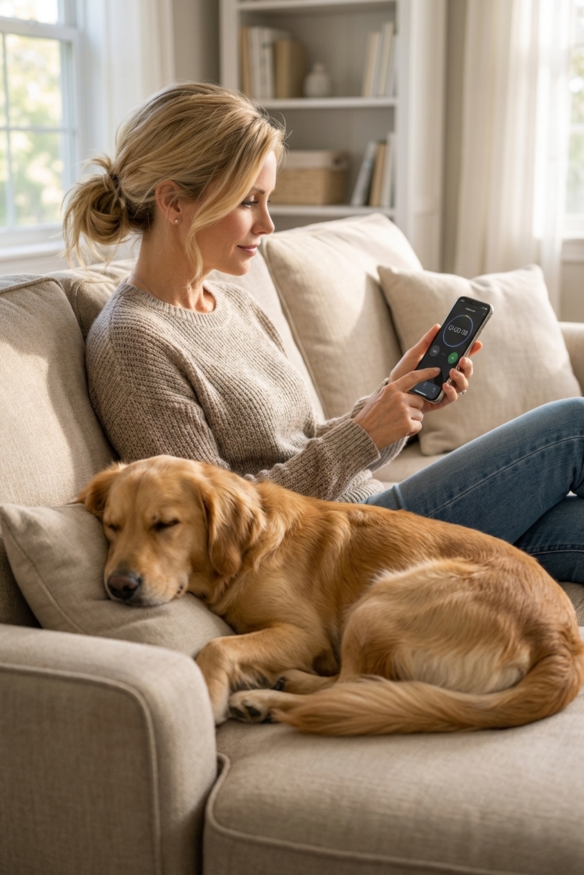 A person sitting beside a sleeping dog on a couch while counting breaths with a smartphone stopwatch in hand, calm home setting, photorealistic