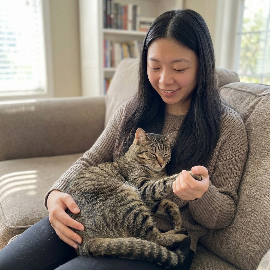 A person sitting on a couch holding a cat gently in their lap while supporting one paw