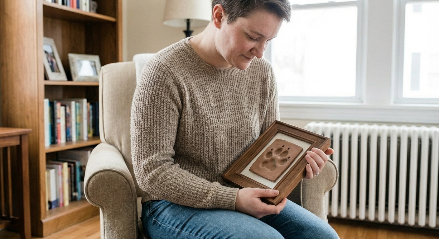A person sitting on a couch holding a dog’s paw print impression in their hands