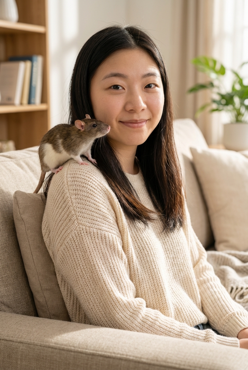 A person sitting on a couch with a relaxed pet rat on their shoulder