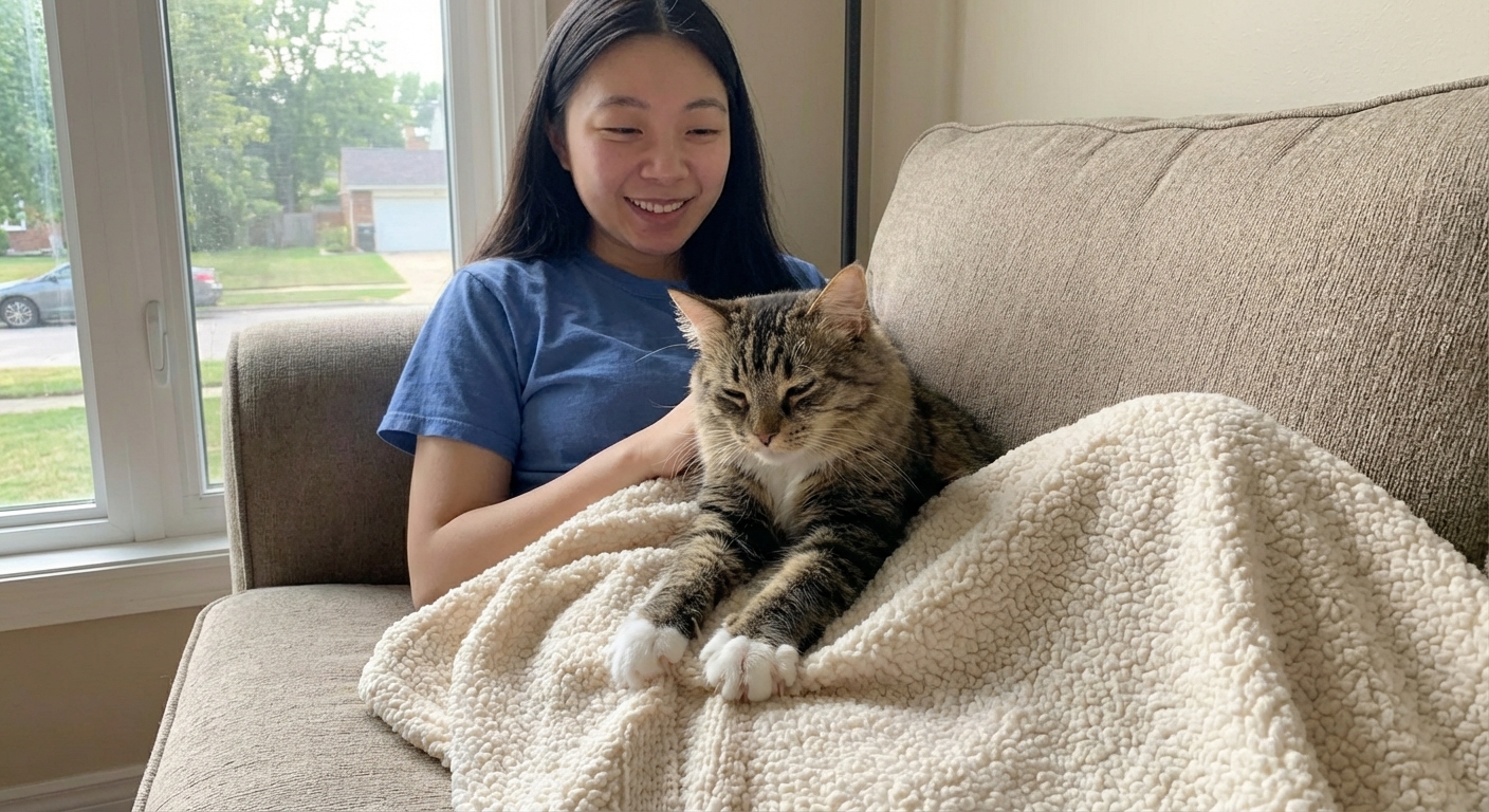 A person sitting on a couch with a thick blanket on their lap while a cat kneads comfortably