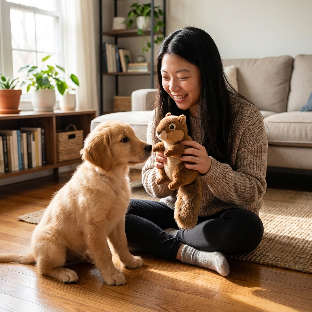A person sitting on a living room floor holding a soft dog toy while a young dog watches attentively