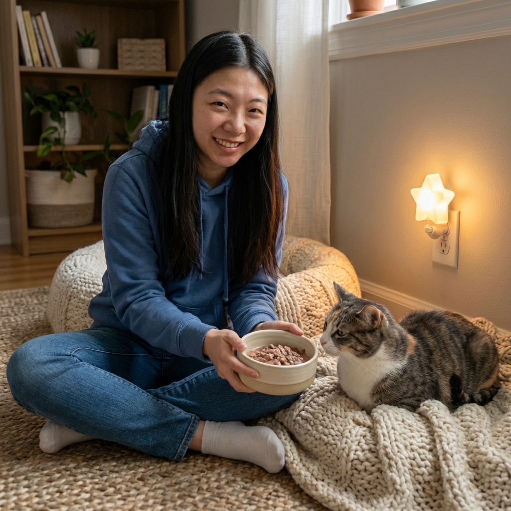 A person sitting on the floor beside a resting cat, holding a small bowl of wet food