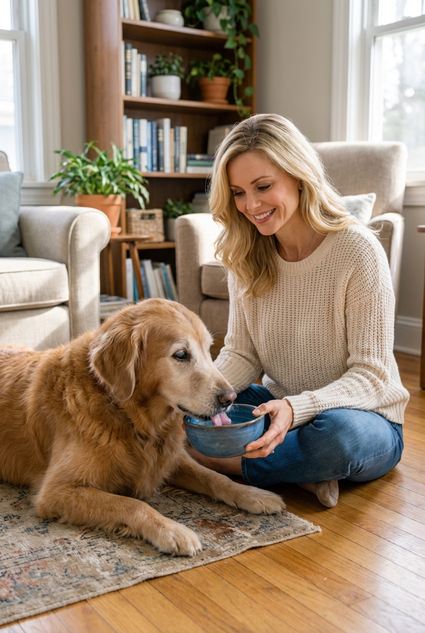 A person sitting on the floor beside a senior dog, offering water in a small bowl in a quiet living room