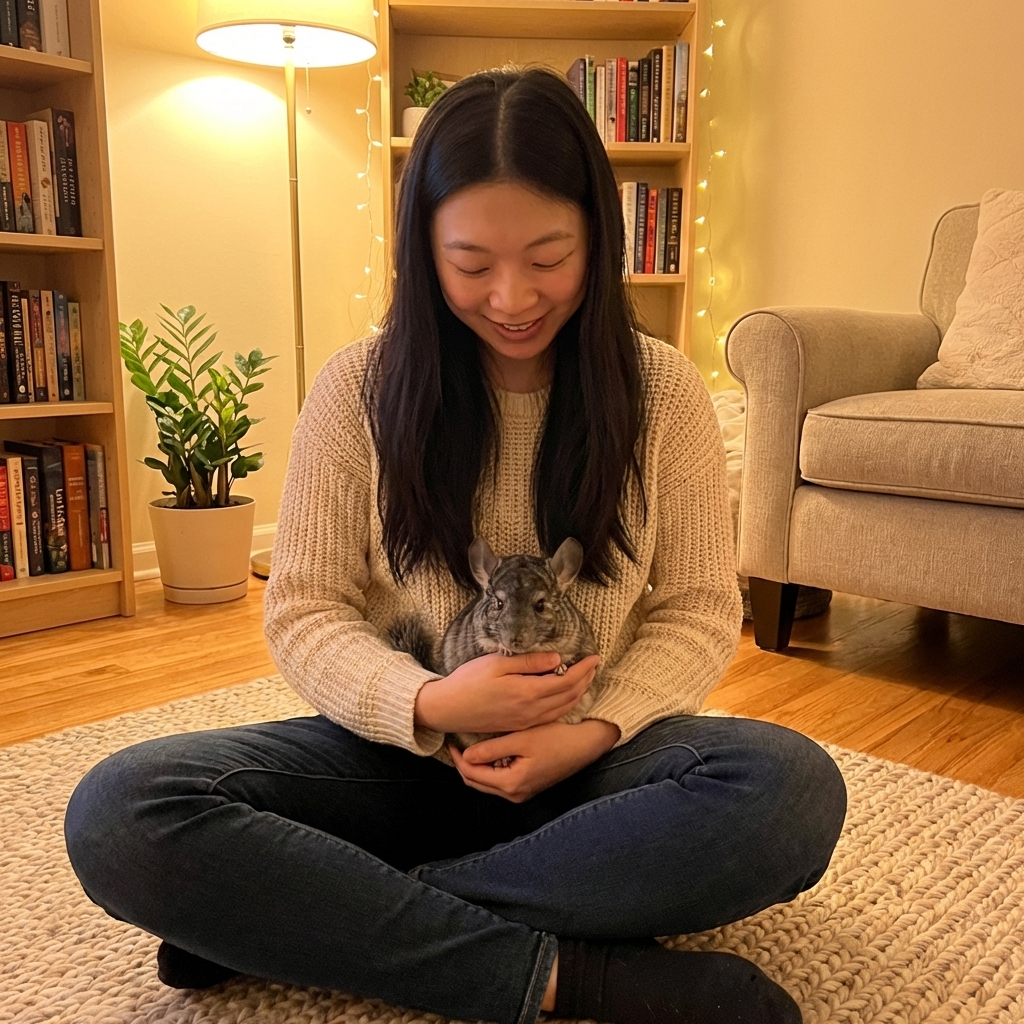 A person sitting on the floor gently holding a chinchilla close to their lap with both hands supporting the body, cozy indoor lighting, photorealistic