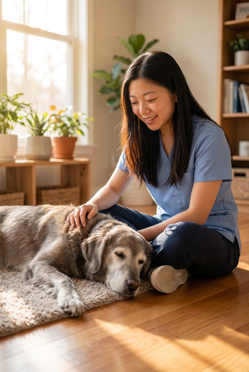 A person sitting on the floor gently petting a relaxed senior dog in a sunlit room