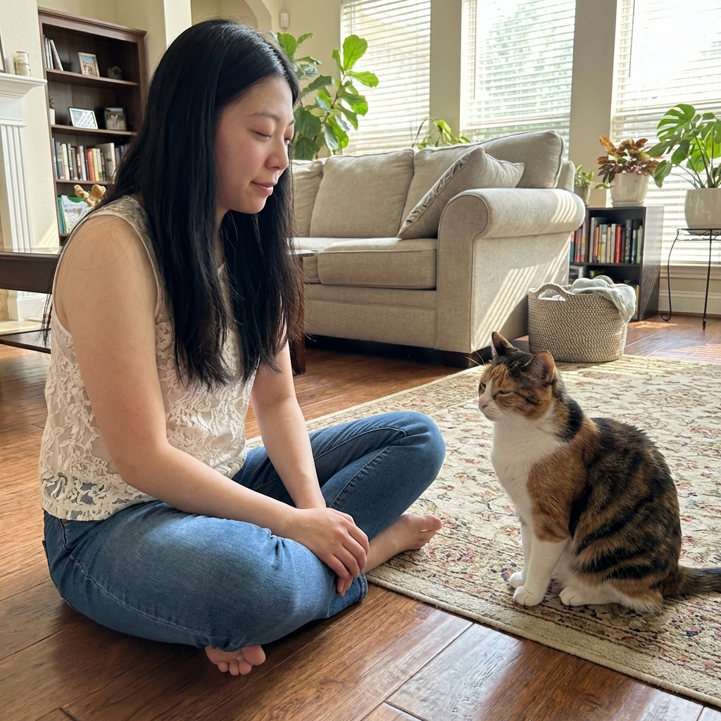 A person sitting on the floor in a living room quietly slow blinking at a cat sitting a few feet away