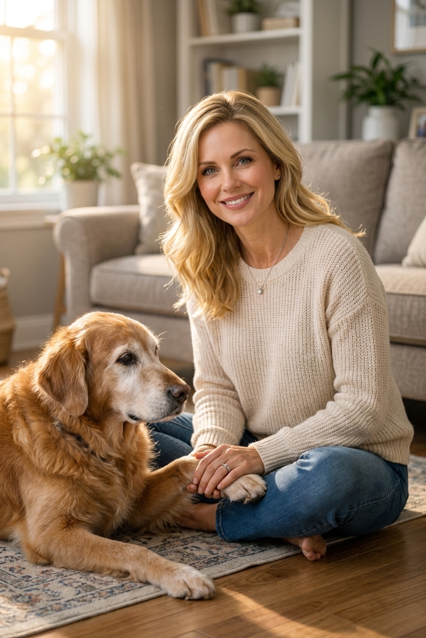 A person sitting on the floor in a quiet living room gently holding an older dog’s paw, soft window light, real photography style