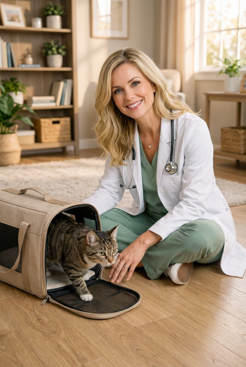 A person sitting on the floor near an open cat carrier, allowing the cat to step out on its own