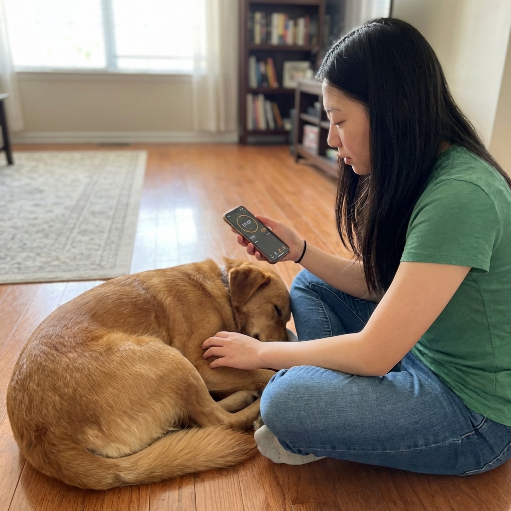A person sitting on the floor next to a resting dog while timing breaths on a smartphone