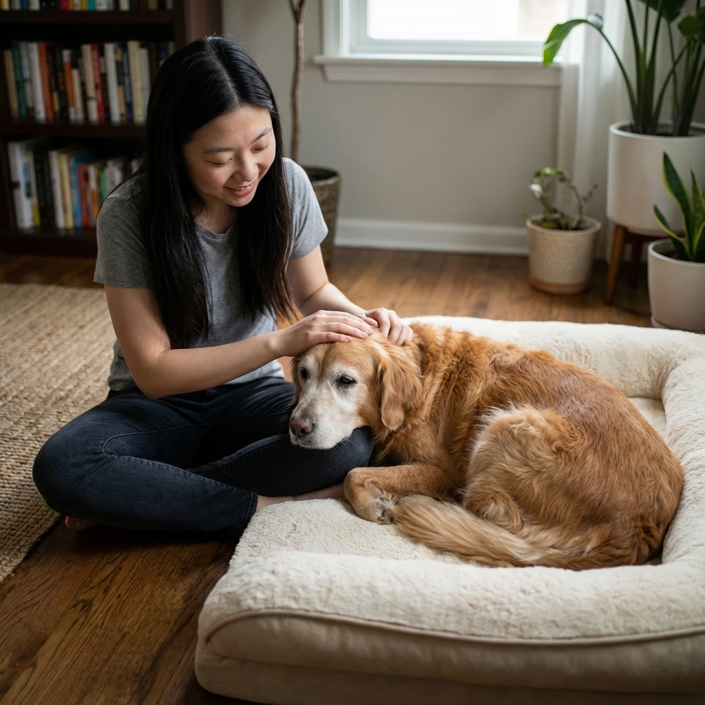 A person sitting on the floor next to an elderly dog on a soft bed in a quiet room