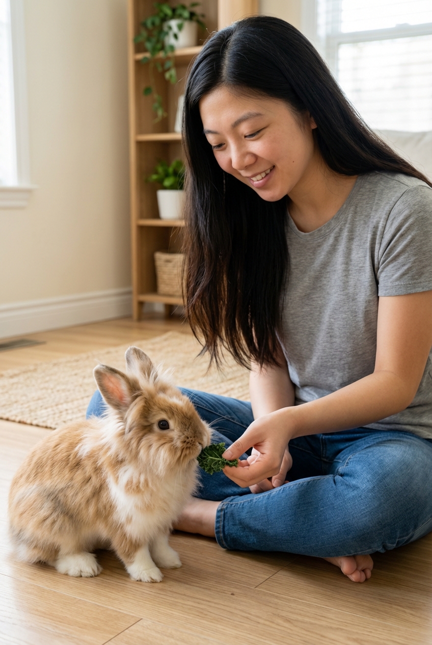A person sitting on the floor offering a small piece of leafy greens to a Lionhead rabbit