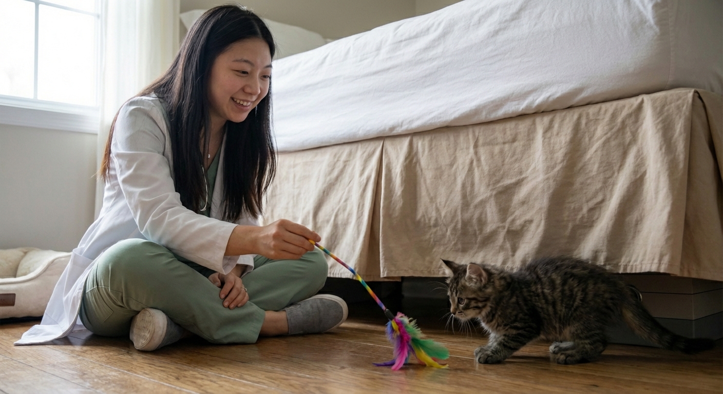 A person sitting on the floor offering a wand toy while a kitten watches from a few feet away