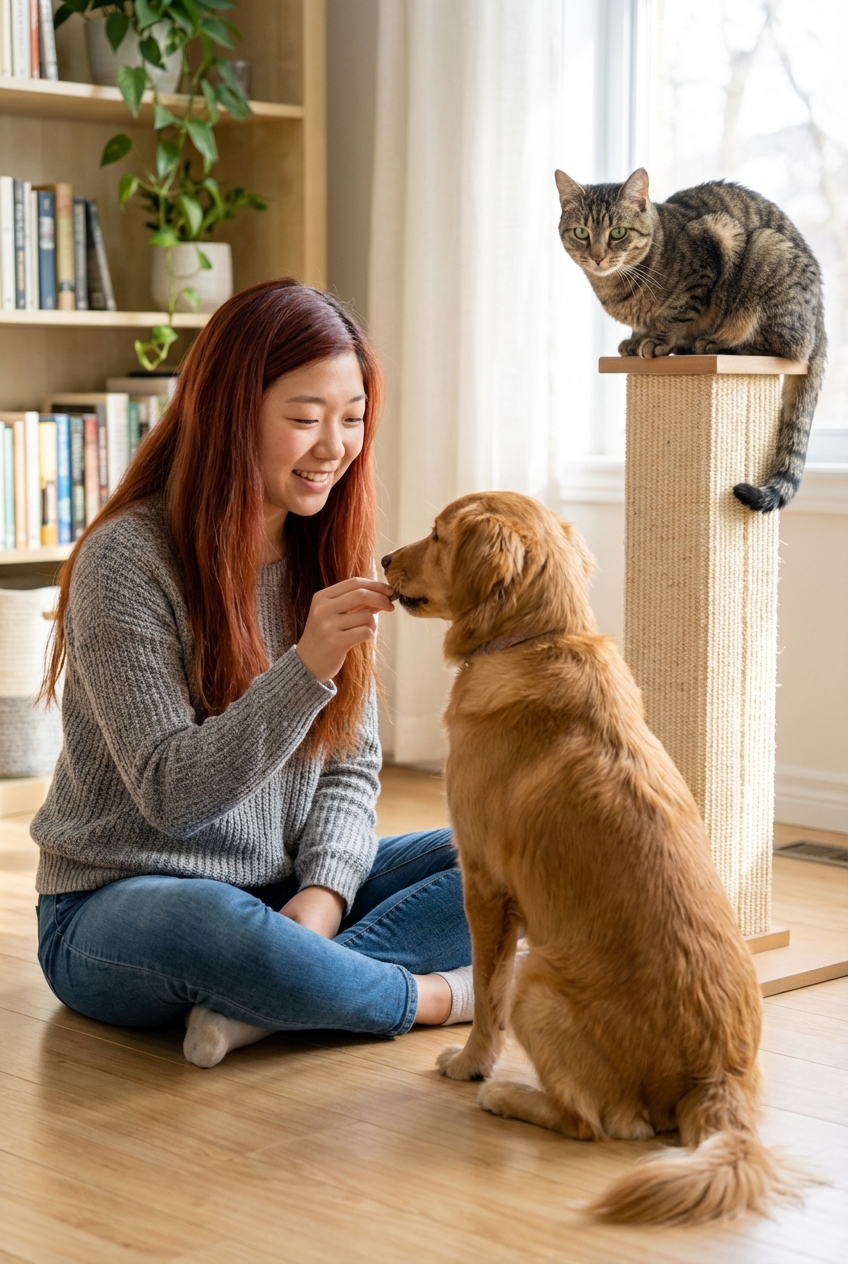 A person sitting on the floor offering treats to a dog while a cat watches calmly from a perch