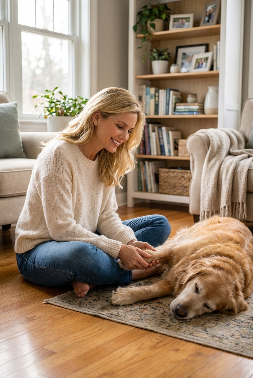 A person sitting quietly on the floor beside a resting senior dog, holding their paw in a calm home setting