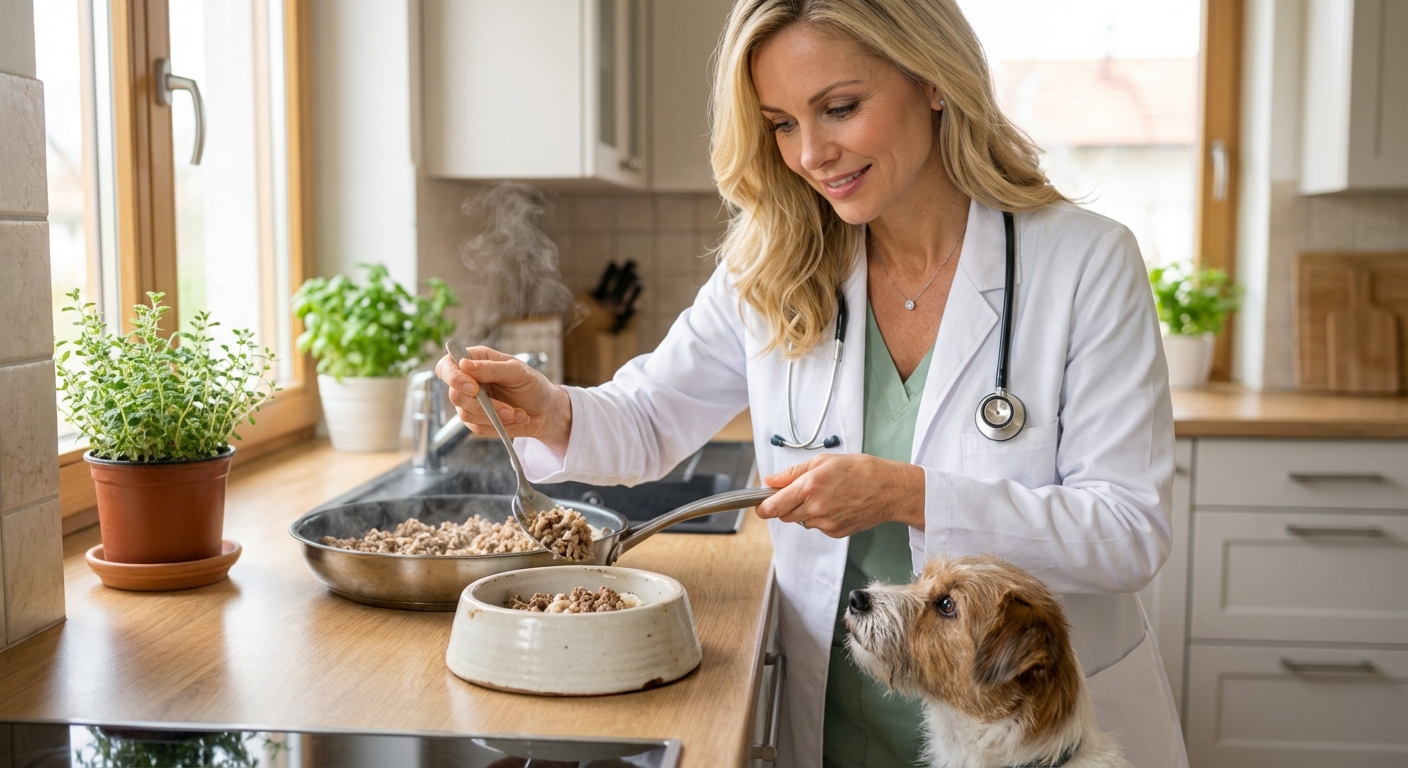 A person spooning a small portion of homemade dog food into a ceramic bowl on a kitchen counter